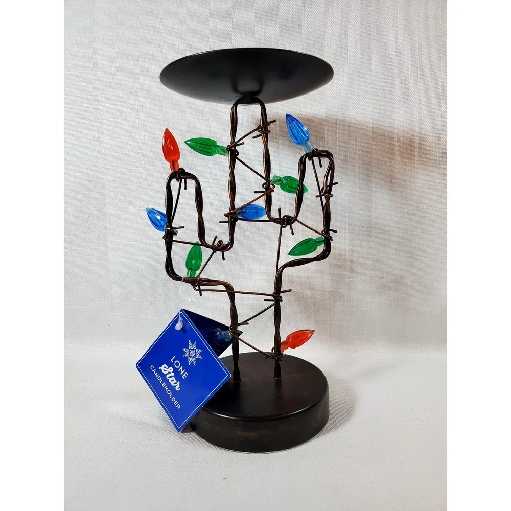 Barbwired Cactus Pillar Candle Holder, Colored Bulb Lights Southwest Décor ● NEW